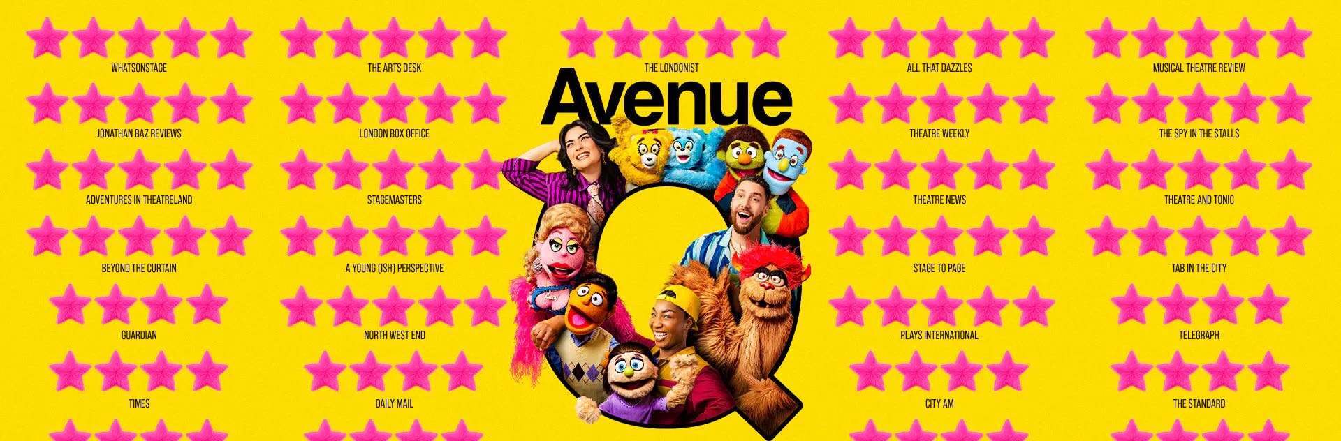 Avenue Q key art: the cast and puppets inside a giant Q on a field of stars